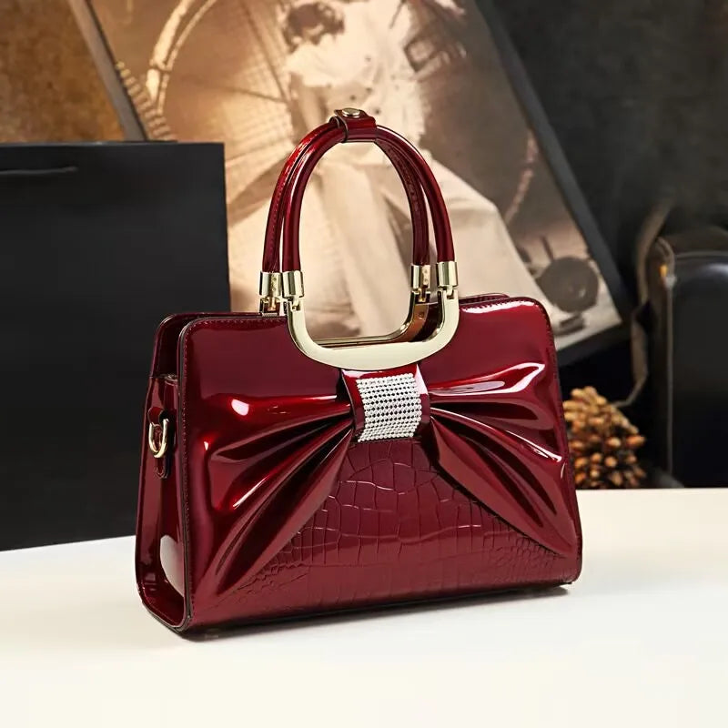 Maxy Women Luxury Designer Glossy Leather Evening Handbags Ladies Casual Crossbody Shoulder Bag Fashion Diamond Bow Tie Totes