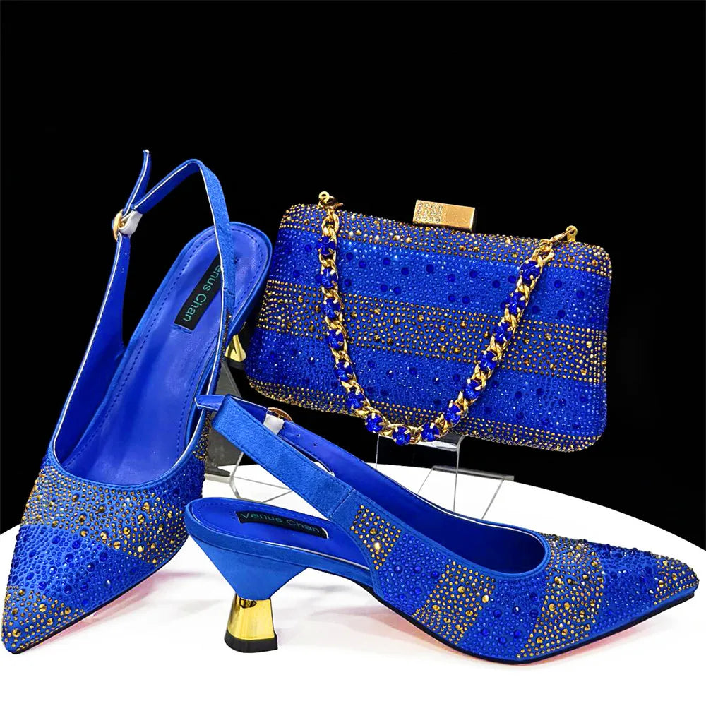 Maxy Fashion Italian Design Exquisite Beaded Flower Embellishment Golden African Women's Pointed Toe Shoes and Bags Set