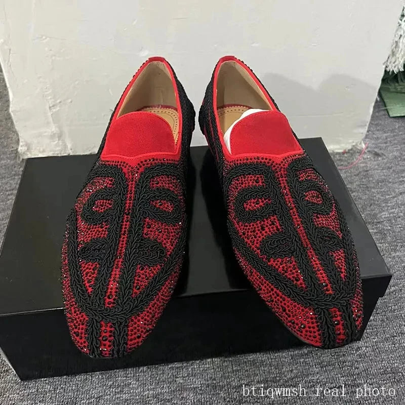 Visco Red Embroidery Rhinestone Shoes Man Pointed Toe Flower Slip On Flats Male Fashion Party Shoes