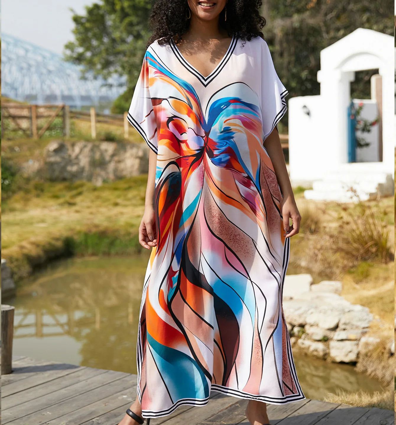 Maxy Women Beach Color Colorful Printed Long Dress Fashion Swimwear Summer Holiday Bohemian Maxy Dresses Bathing Suits