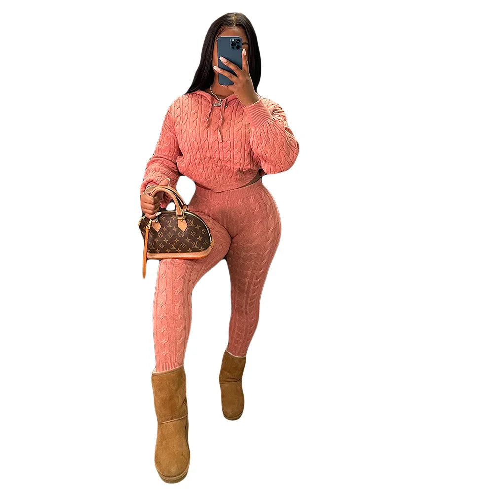 Maxy Fall Winter Women Knit Sweater Matching Sets Skinny Hoodies and Pants Clothing Casual Loungewear 2 Two Piece Outfits