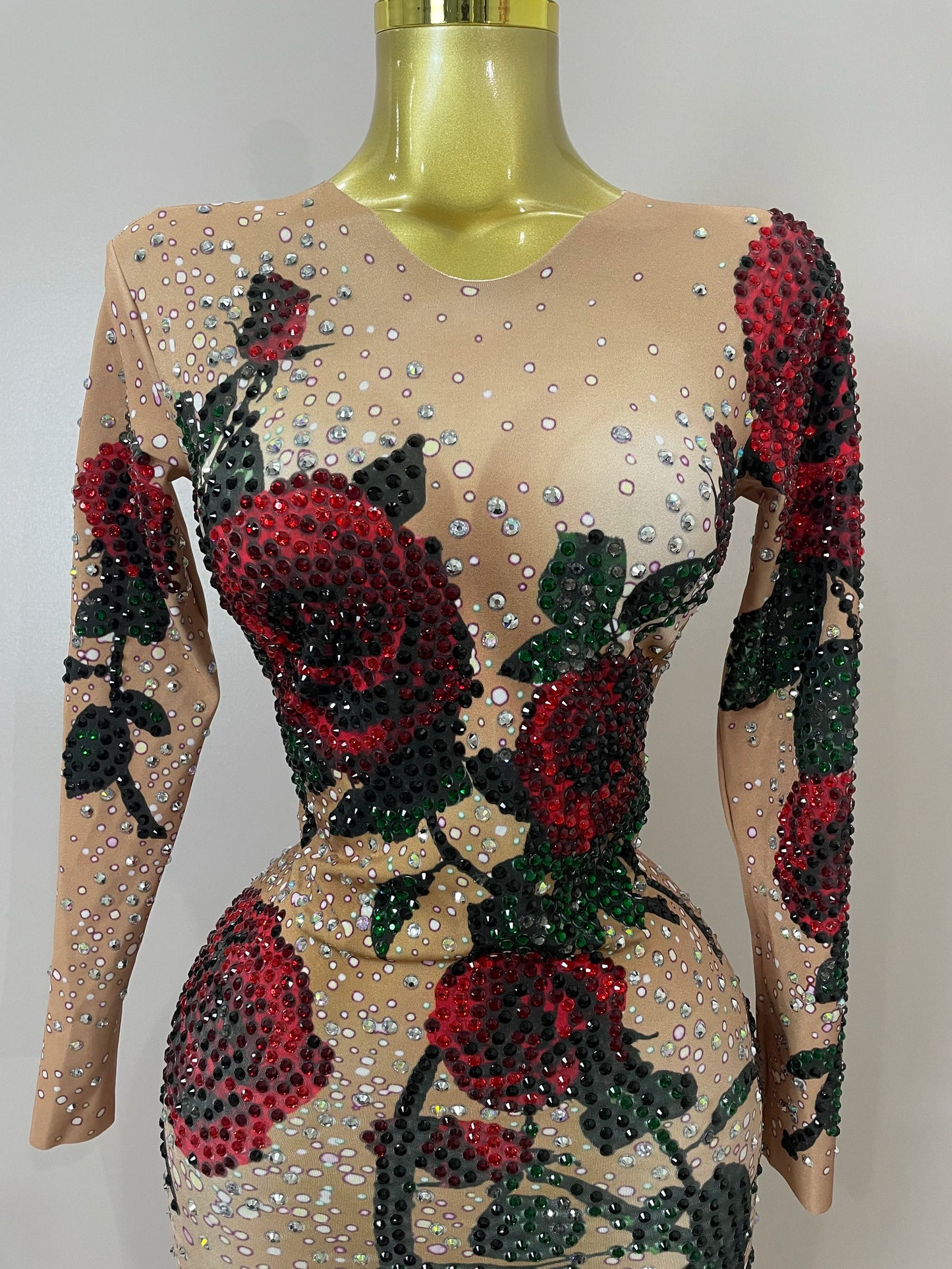 Maxy Sexy Shiny Rhinestone Rose Floral Floor-Length Dress Evening Women Eveing Celebrate Birthday Party Nightclub Performance Costume