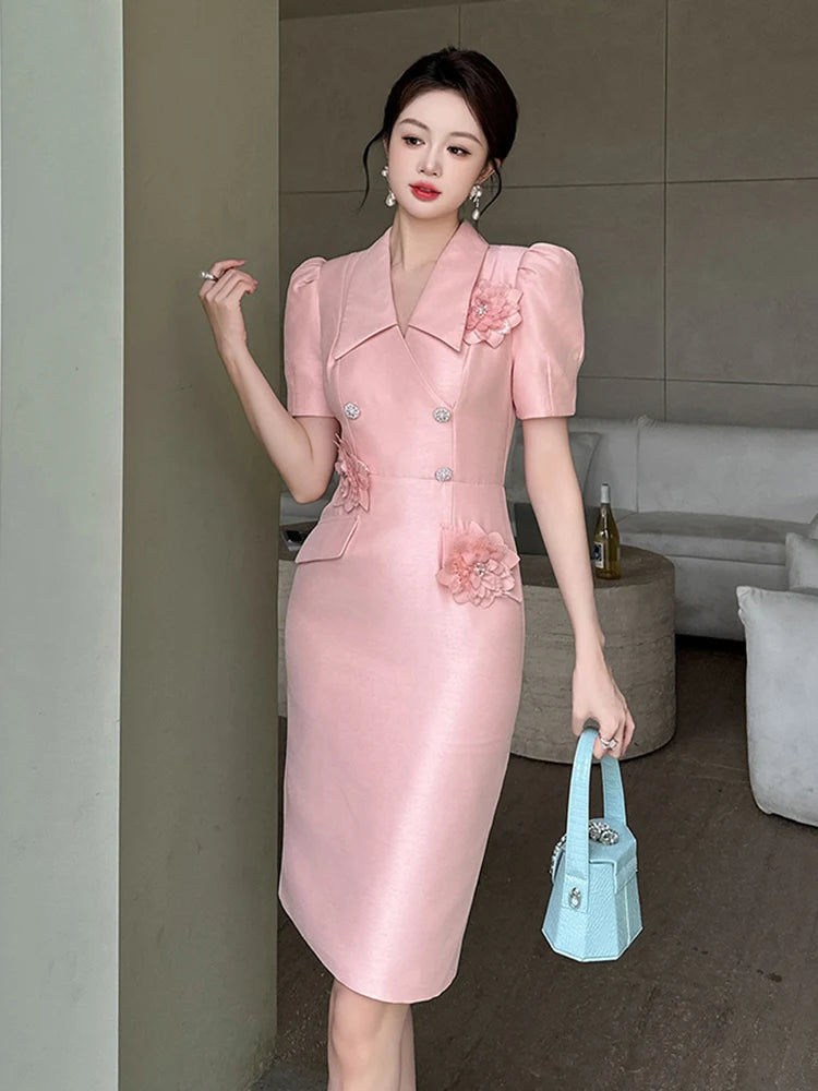 Maxy New Elegant Summer Fashion Pink Business Formal Occasion Dress Women Bubble Sleeve Slim Pencil Party Prom Vestido Street Clothes