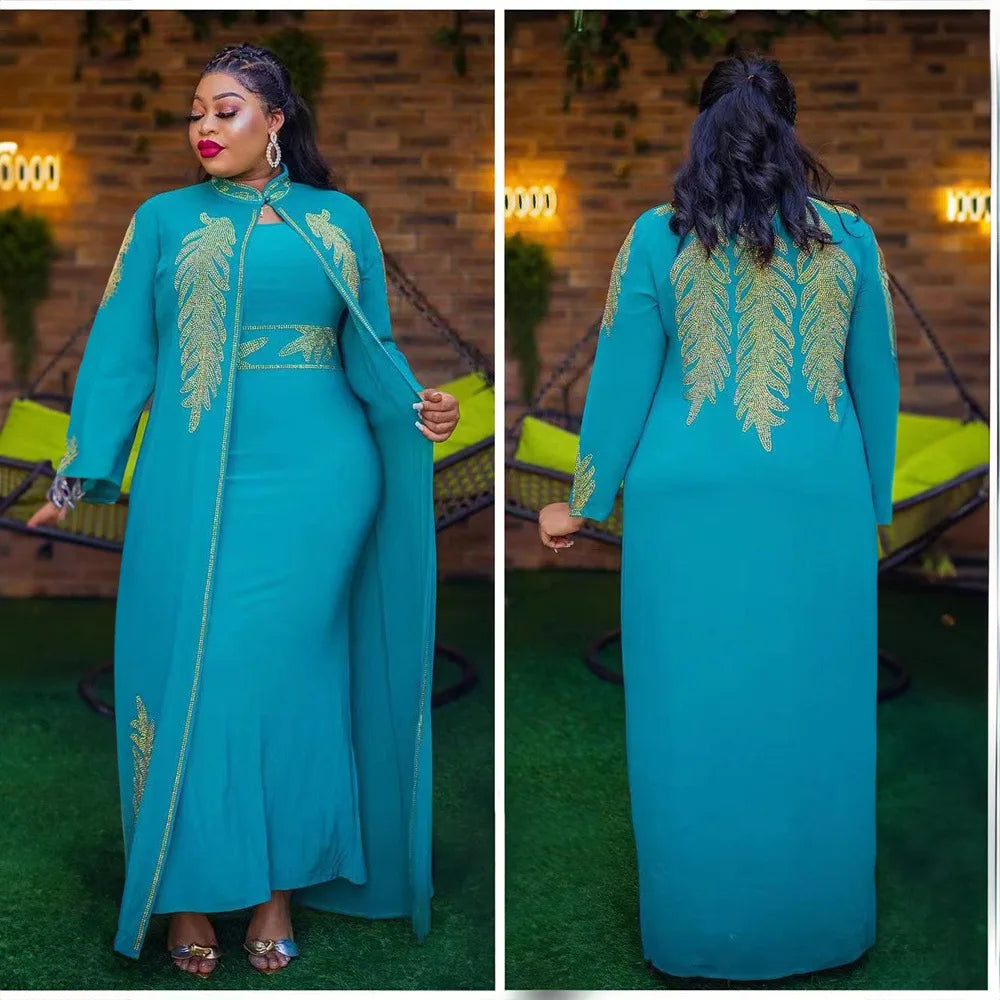 Maxy African Plus-size Dress for Women Set 2ps Women Front and Back Pressed Drill Standing Collar Robe Turkey Arab Dubai Abaya