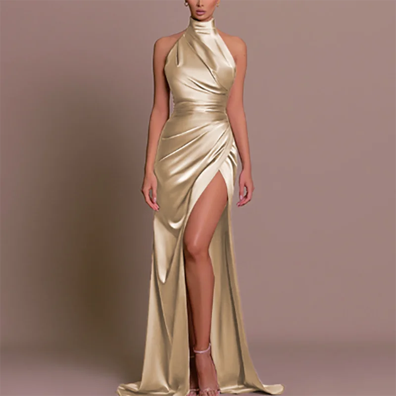 Maxy Elegant Stand Collar High Waist Robe Dress New Fashion Sleeveless Split Bridesmaid Dress Monochrome Satin Slim Women Party Dress