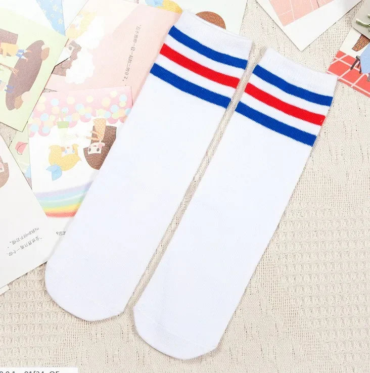 Maxy Kids Knee High Socks Girls Boys Football Stripes Cotton Sports School White Socks Skate Children Baby Long Tube Leg Warm