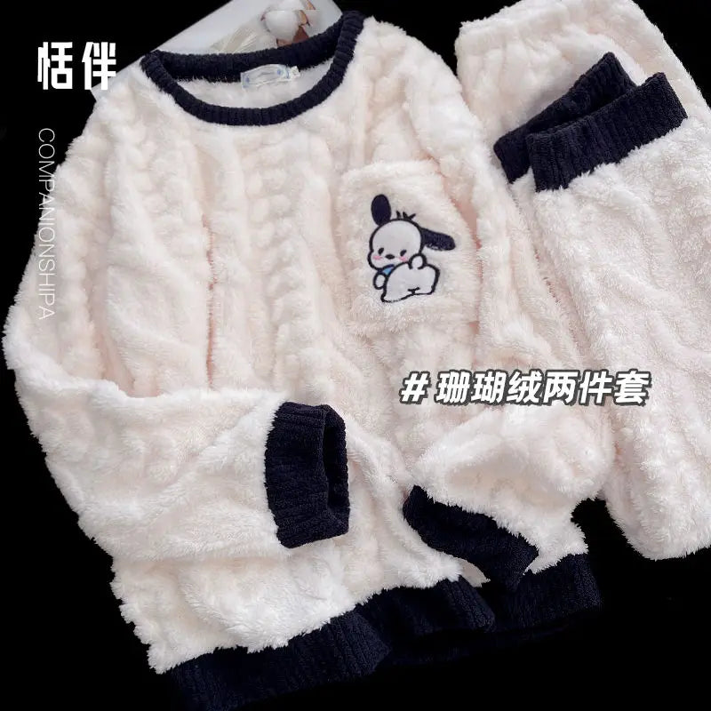 Maxy Hello Kitty Coral Velvet Pajamas Pacheco Girls Sweatshirt Autumn and Winter Plus Velvet Warm Casual Home Wear Set