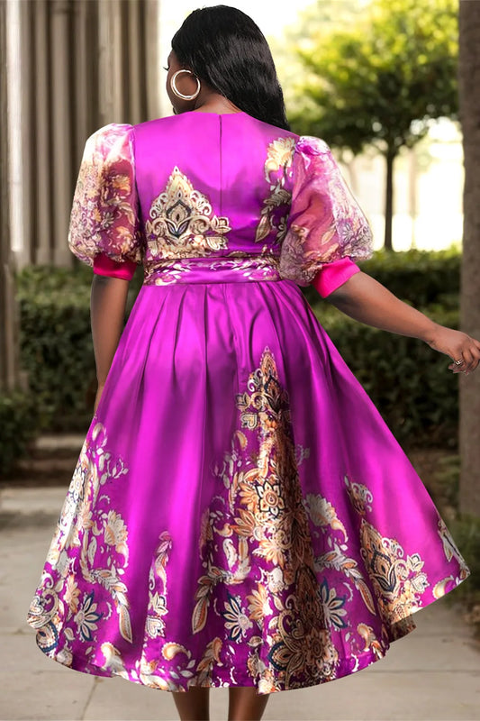 Maxy Plus Size Business Casual Purple Floral Wrap Neck Puff Sleeve Half Sleeve See Through Wrap Satin Midi Dresses