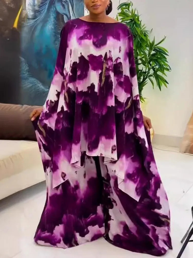 Maxy Two Piece Set Chiffon Africa Clothes For Women African Dashiki Fashion Suit Printed Loose Shawl Top And Wide Leg Pants Suits