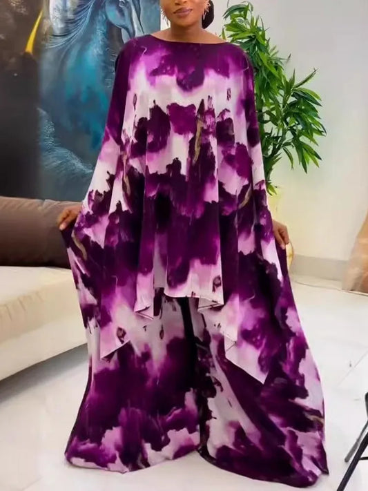 Maxy Two Piece Set Chiffon Africa Clothes For Women African Dashiki Fashion Suit Printed Loose Shawl Top And Wide Leg Pants Suits