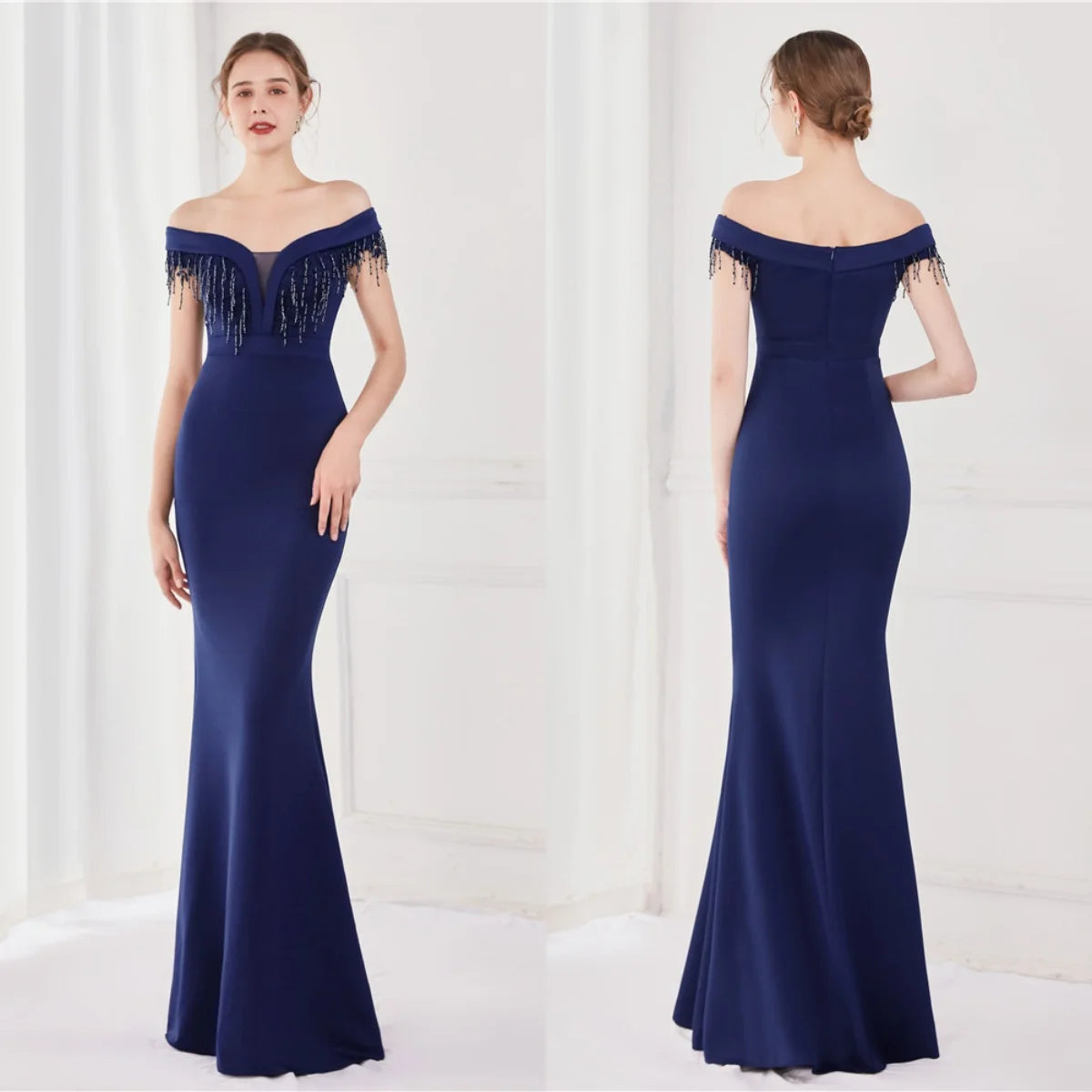 Maxy Evening Dress Navy Blue Stretchy Off the Shoulder Beads Zipper Back Mermaid Trumpet Floor Length Women Party Formal Gowns YE131