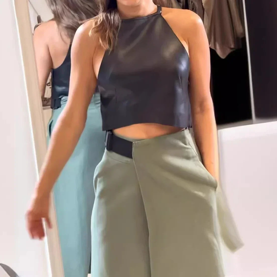 Maxy Elegant Dress Sets Women Striped PU Crop Top Straight Irregular Long Skirt Two Piece Set Tank Top Work Summer Sexy Matching Sets