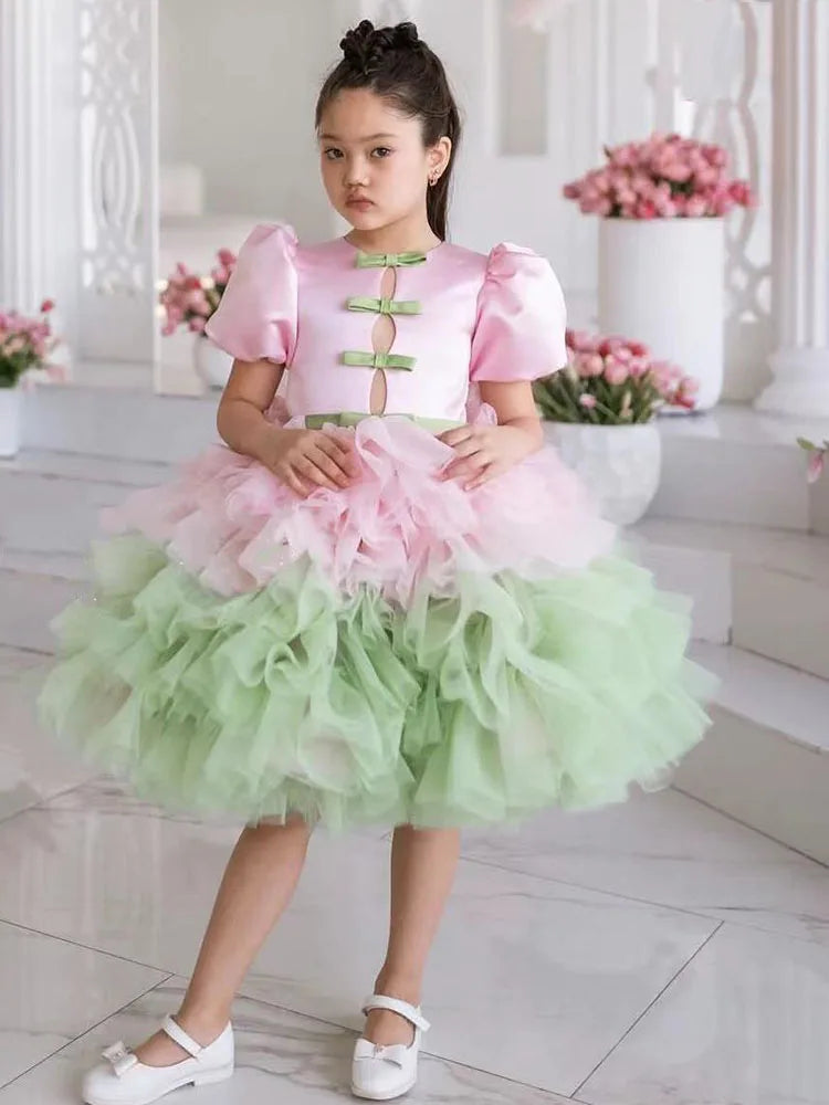Maxy Princess Elegant Bubble Sleeve Flower Girl Dress For Wedding With Bows Layred Puffy Child First Eucharistic Birthday Party Dresses