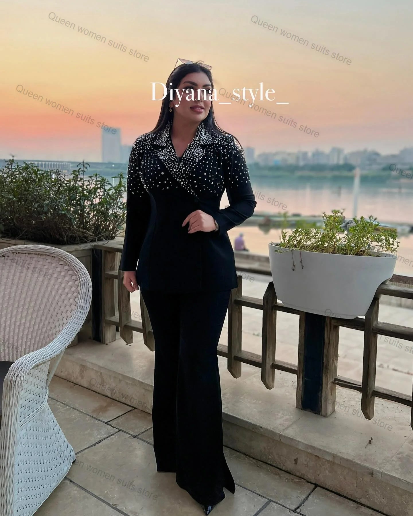 Maxy Black Crystals Women Suit Pants Set 2 Piece Blazer+Trousers Luxury Wedding Tuxedo Formal Graduation Jacket Tailored Size Coat