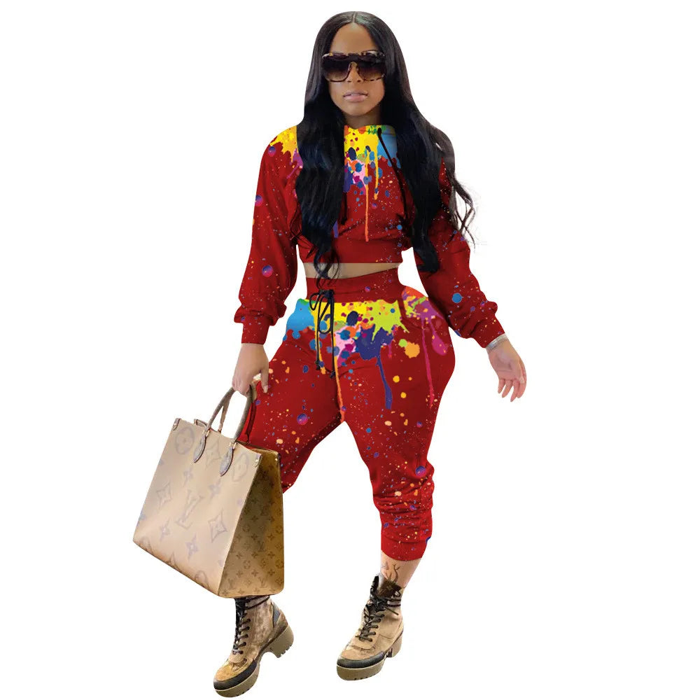 Maxy Splash-ink Print Sweat Suits Women Set Hoodies Sweatshirt and Sweatpants Set Two Piece Set Tracksuit Female Matching Set Outfits