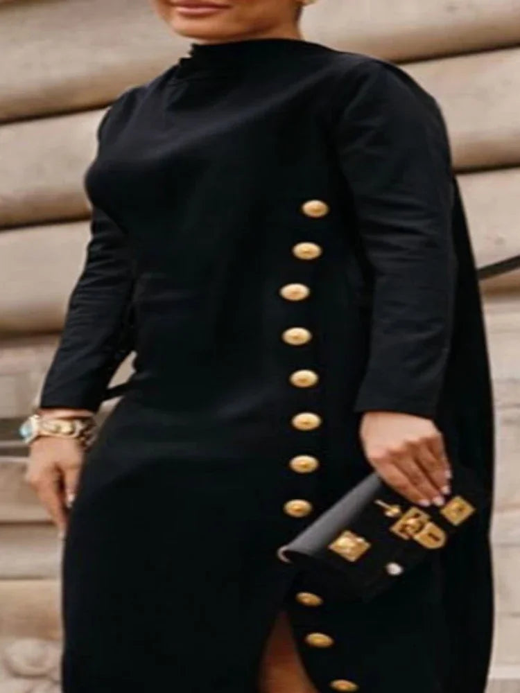 Maxy Beauty blue Women Plus Size L-5XL Black Dress Casual Asymmetric Buttoned High Neck Split-Side Curve Llothing Female Maxy Dresses