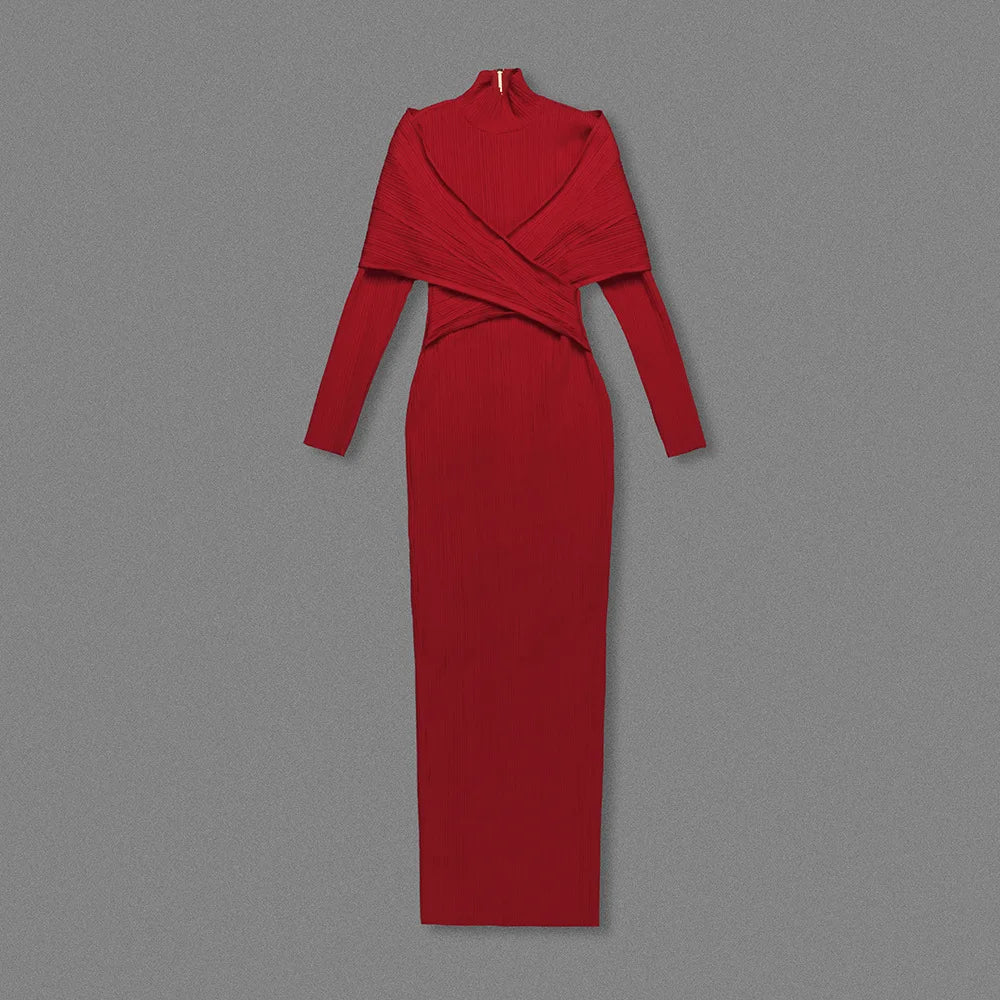 Maxy Women's Party Dresses Luxury Winter New Red Bandage Long Dress Turtle Neck Cross Design Knitted Slim Fit Evening Gown