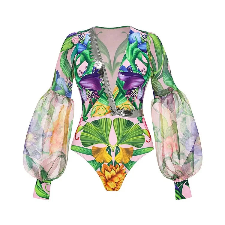 Maxy Women Swimwear V-neck Long Sleeve Flowers Printed One Piece Swimsuit and Skirt Beach wear Bathing Suit bikini Two piece