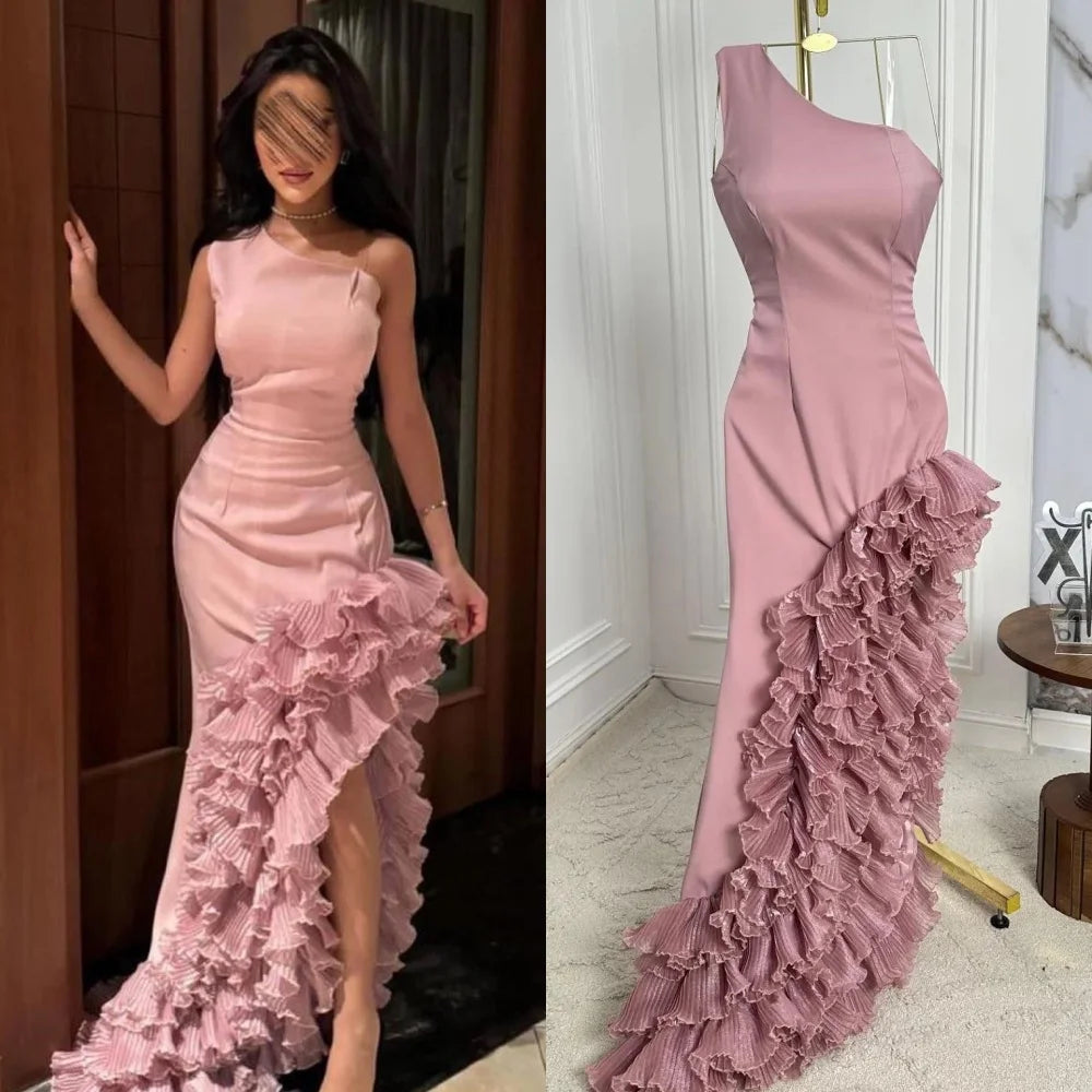 Maxy Customized Fashion High Quality Jersey Pleat Rached Mermaid One-shoulder Long Dresses Bespoke Occasion Dresses Casual