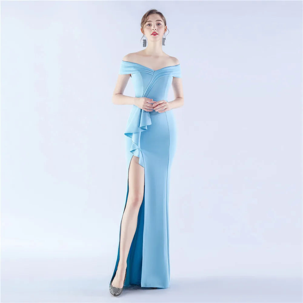 Maxy Evening Dresses Navy Blue Stretchy Off the Shoulder Ruffles Zipper Back Mermaid Slit Floor Length Women Party Formal Gowns YE038