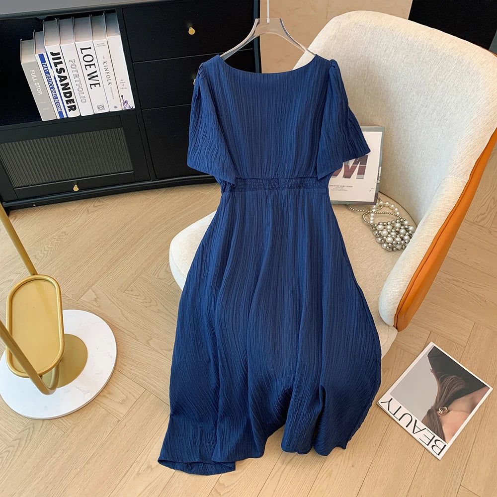 Maxy Plus Size Blue Pleated Short Sleeve Dress 2024 Summer New Simple Casual Loose Holiday Party Medium length dresses for woman