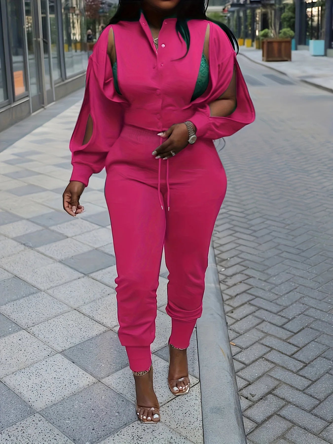 Amay Women Two Piece Set Spring Slim Fit Pants Hollow Out Button Shirt Y2k Tops Suits Vintage Patchwork Streetwear Outfit Sets.