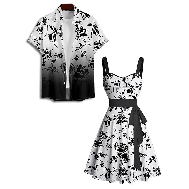 Maxy Dress for Couple Set Paisley Print Women's Lace-Up Cami Dress and Men's Roll Up Button Up Shirt Hawaii Outfit
