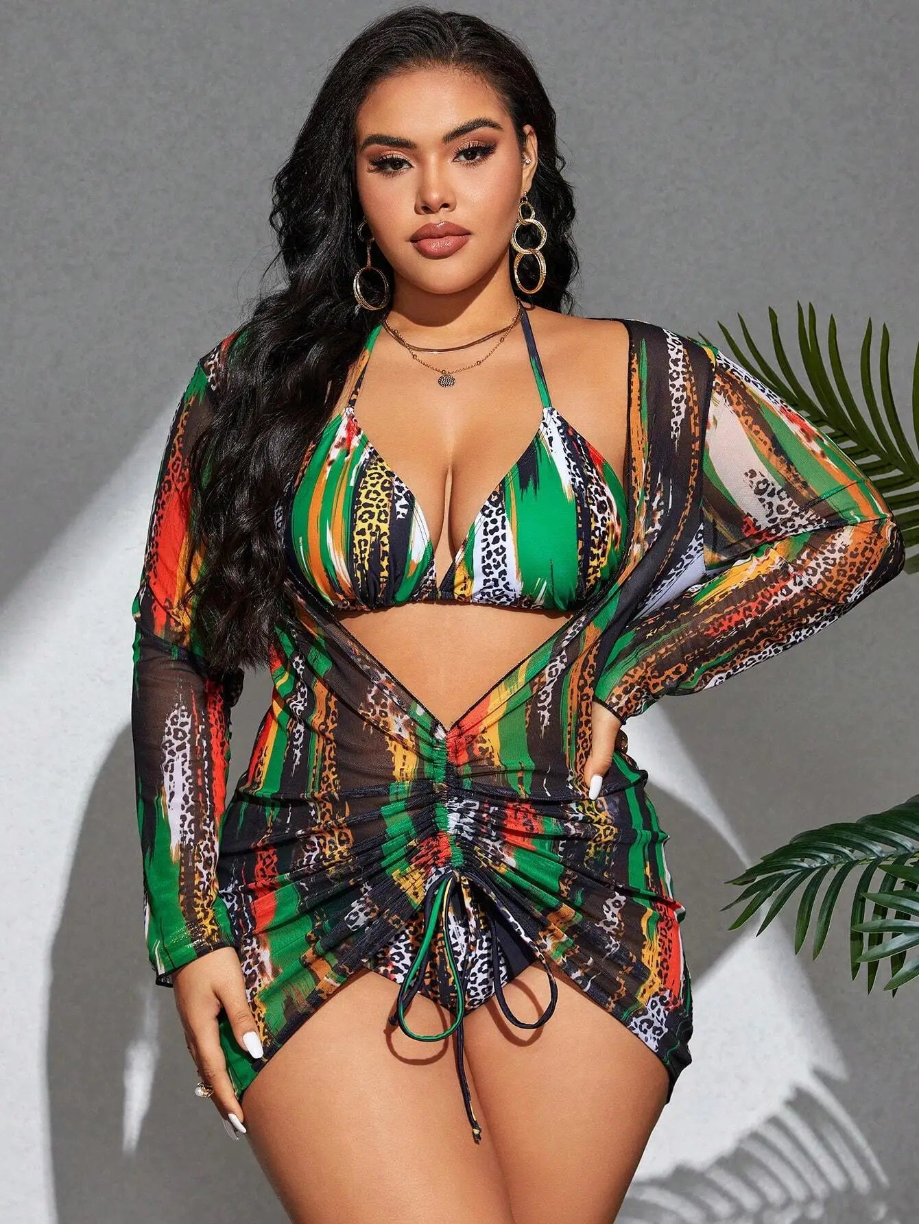 Maxy Vibrant Leopard and Color block 3-Piece Plus Size Tankini Set For Beach Summer Festival Wear