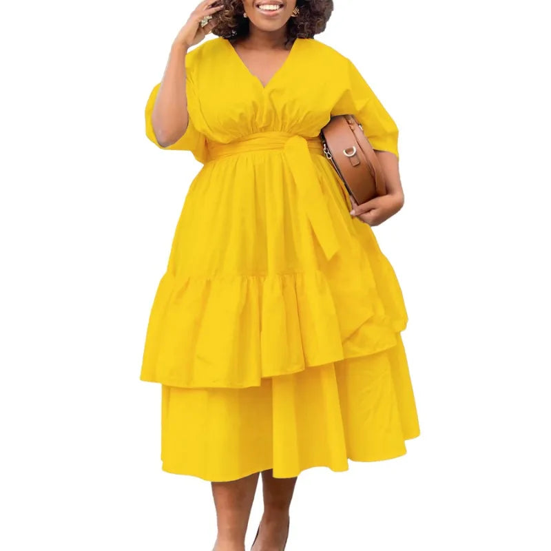 Maxy New Fashionable A-line Dress African Long Dresses for Women Evening Party V-neck Loose Cake Robe Femme Ankara Turkey Outfit