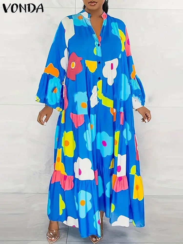 Maxy Plus Size 5XL Autumn Ruffle Dress Elegant Long Dress VONDA Round Neck Printed Flare Sleeve Vestidos Loose Robe