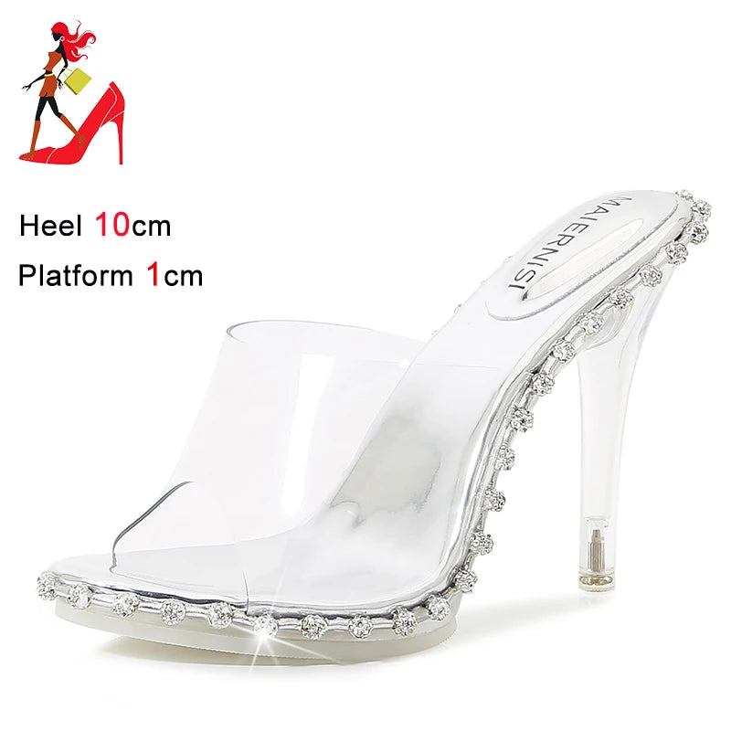 Momsey 2024 New Lady Transparent High Heels Summer Luxury Crystal Sandals 10CM Women Elegant Party Shoes Designer Rhinestone Slippers