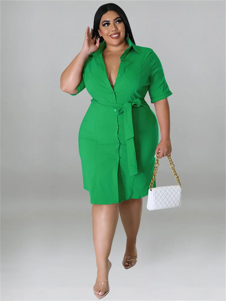 Wmstar Plus Size Dresses for Women 4xl 5xl Short Sleeve Casual Midi Dress with Belt New Style Office Lady Wholesale Dropshipping