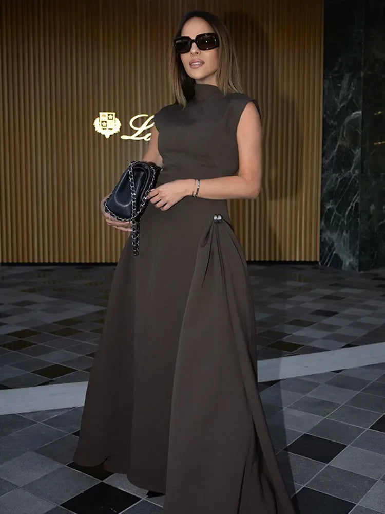 Amay Women Elegant Brown Irregular Collar High Waist Long Dress Fashion Sleeveless Retract Waist A-line Dresses Lady New Party Robe