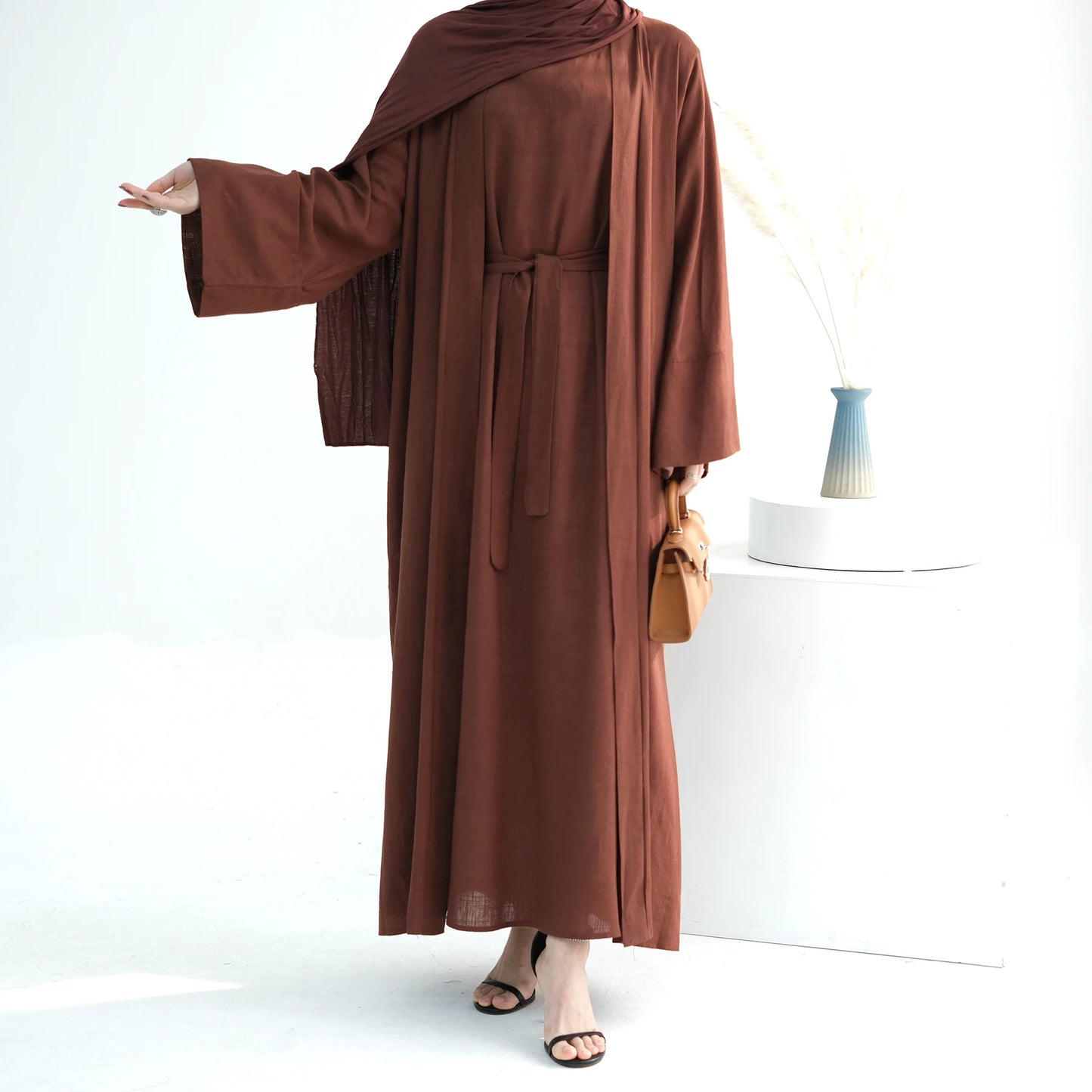 Maxy 2pcs Open Abaya Muslim Women Kimono Inner Dress Set Turkey Islamic Arab Robe Dubai Caftan Jalabiya Eid Ramadan Outfits Gown