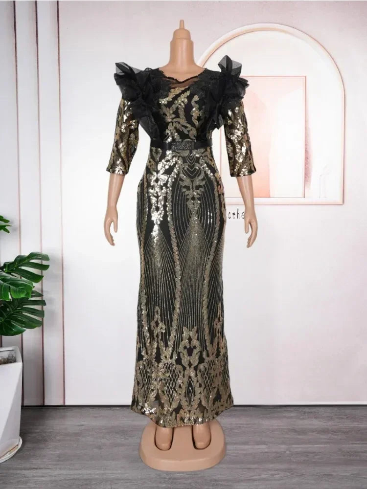 Maxy Plus Size Party Dresses for Women Dashiki Ankara Sequin Wedding Evening Gown Sexy Bodycon Maxy Robe Africa Clothing