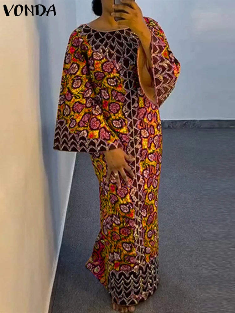 Maxy Elegant Dress Women Bohemian Printing Sundress Vintage Flare Long Sleeve Maxy Oversized O-Neck Robe Femme
