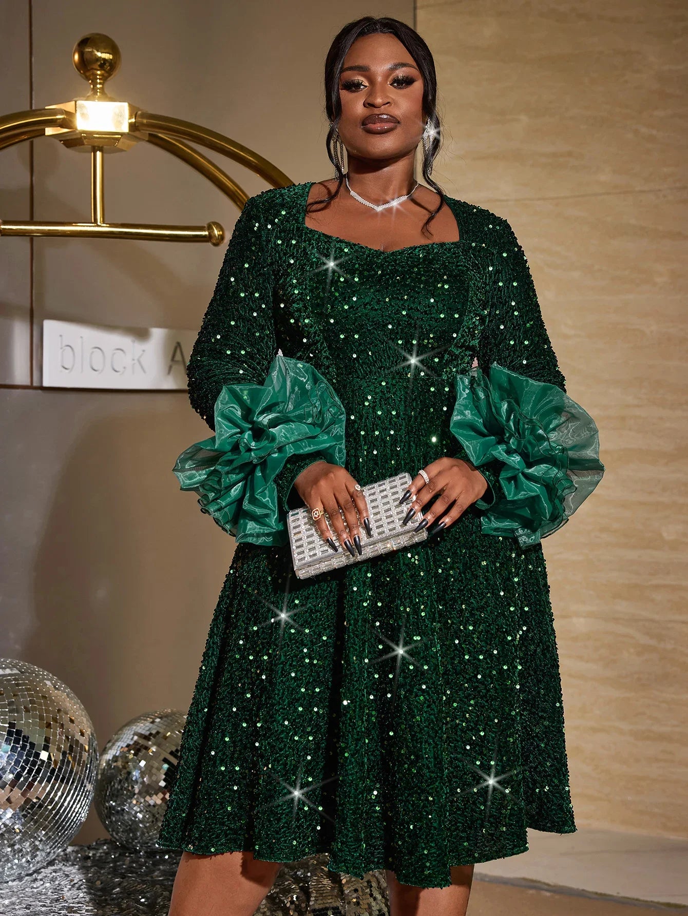 Babs Dark Green Sequins A Line Dresses for Women Long Sleeves Mesh Patchwork Ruffles Empire Simple Elegant Sparkly Shiny Female Gowns