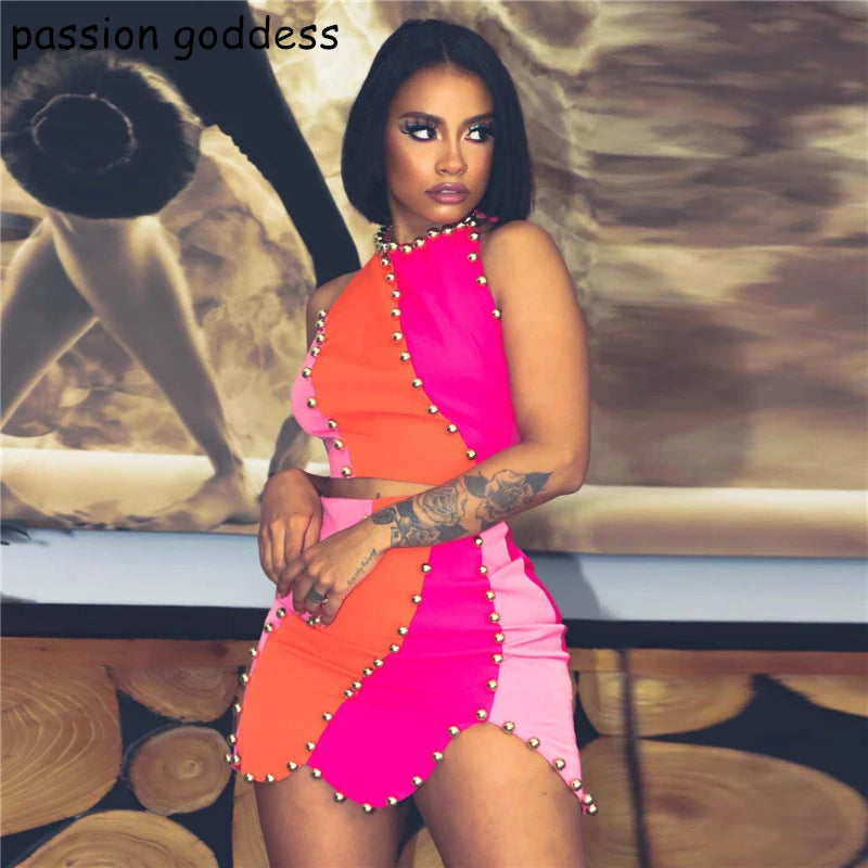 Maxy Summer Two Piece Dress Set for Women Sexy Rivet Sleeveless Tank Top and Bodycon Ruffles Edge Mini Skirts Outfits Streetwear Suit