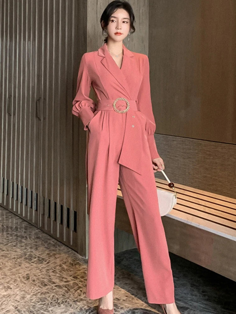 Maxy Vintage Elegant Professional Jumpsuit Women Notched Collar Long Sleeve Adjustable Waist Maxy Pants Work Style Business Rompers