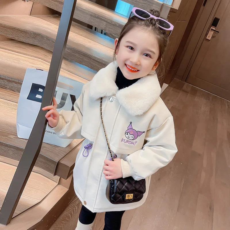 Sanrios Kuromi Anime Autumn Winter Coats Kid Velvet Thickened Pie Overcoming Cartoon Parka Jackets Girl Clothes Toddler Snowsuit