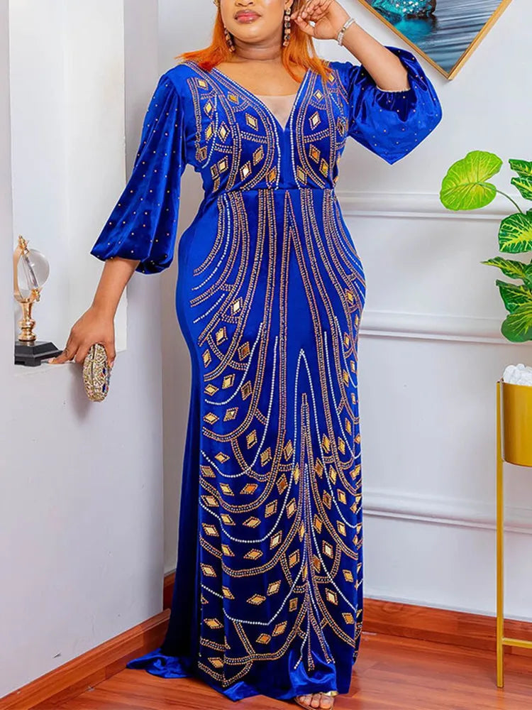 Amay Luxury Diamond Beaded Velvet Formal Party Long Dresses Elegant Women V Neck Lantarn Sleeve Solid Prom Gowns Clothing