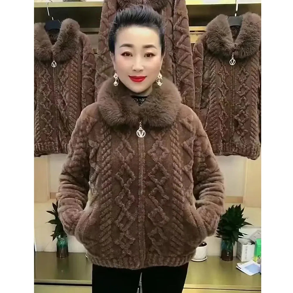 Maxy Mother Winter Jacket Thicken Imitation Mink Velvet Woolen Coat Fashion Fur Collar Large Size Zipper Knitted Cardigan Sweater 5XL