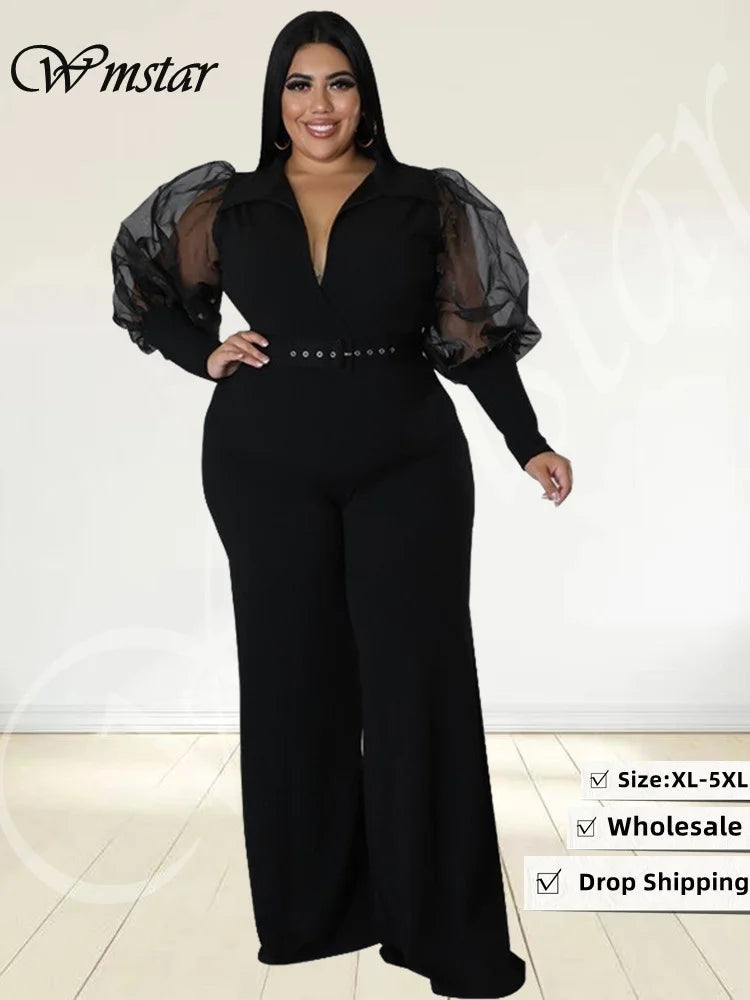 Wmstar Jumpsuit Plus Size Women Clothes V Neck with Belt Single Mesh Sleeve Elegant Bodysuit Office Lady Wholesale Dropshipping