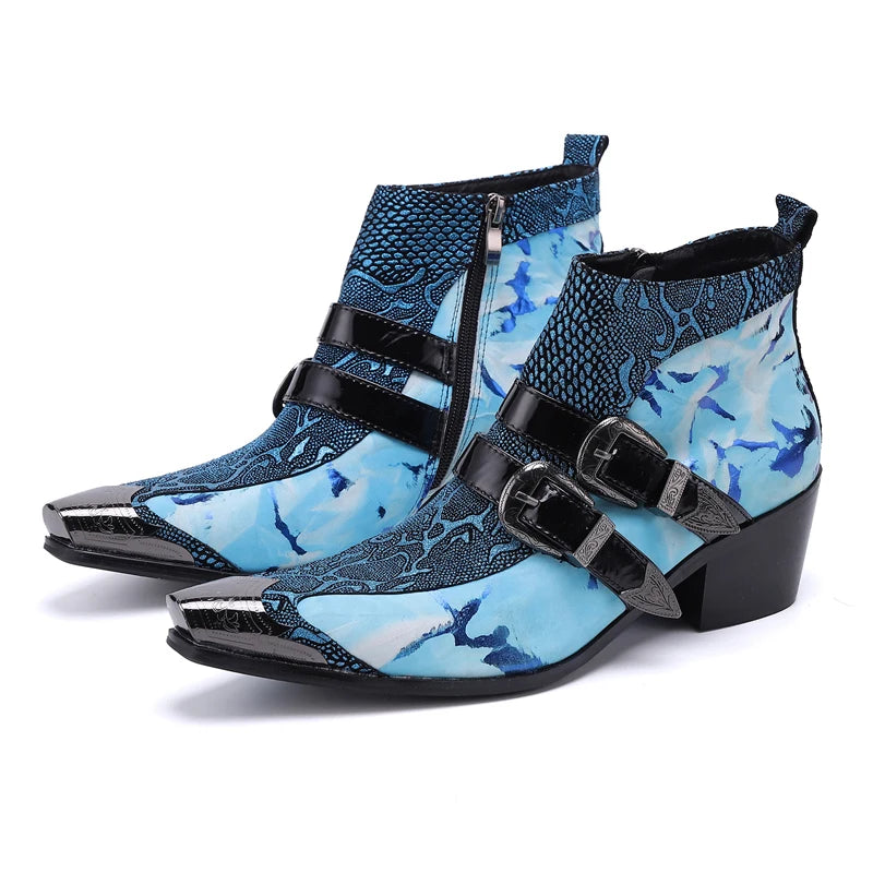 Amay Handmade Luxury Genuine Leather Men Boots Blue Snake Skin Italian Business Dress Formal Shoes Double Buckle Cowboy Ankle Boots