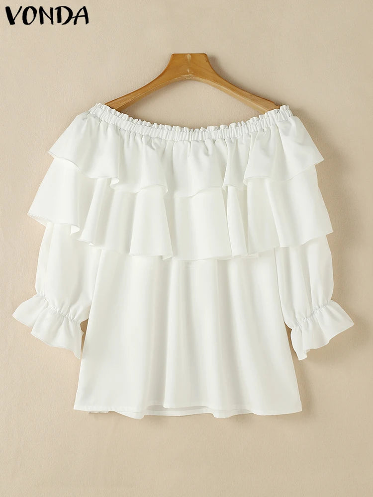 Maxy Plus Size 5XL Women Blouse Fashion Solid Color Off Shoulder Tunic Casual Multi-layer Ruffle Shirts Bohemian Tops