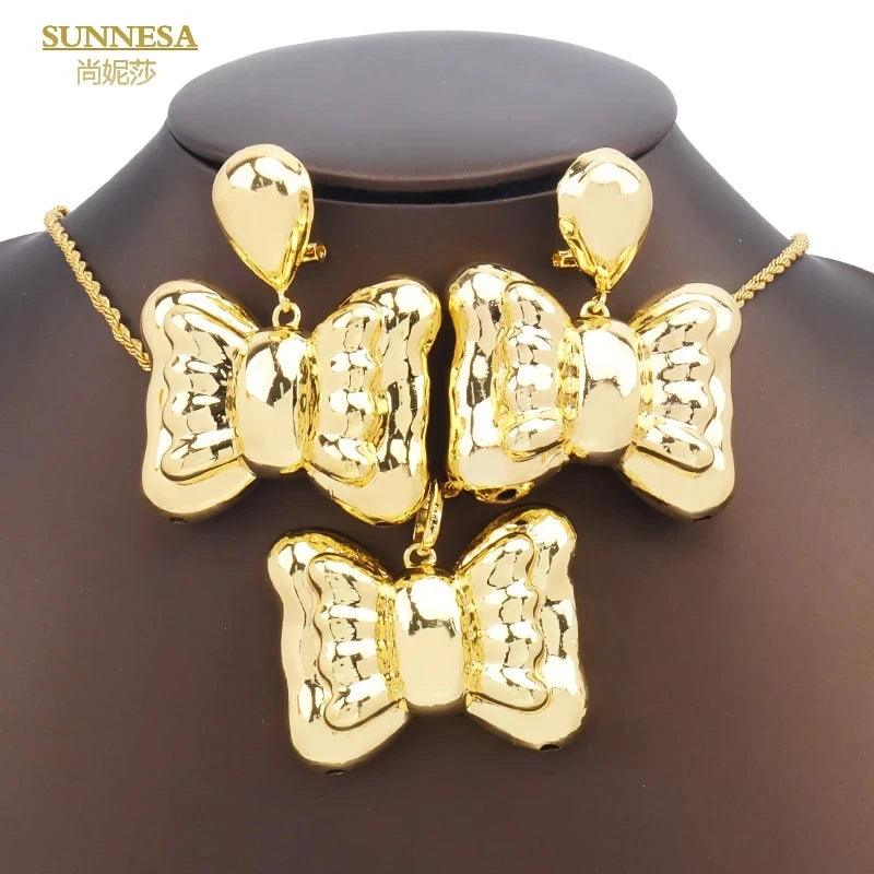 SUNNESA Leaf Shape Big Pendant Necklace Luxury Dubai Jewelry Set for Women Wedding 18k Gold Plated African Drop Earrings