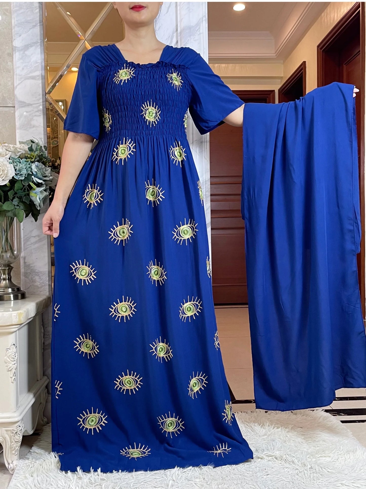 Maxy Summer Fashion Casual Dress Collect Waist Embroider Short Sleeve Loose Woman Maxy Islam African Women Abaya Clothes