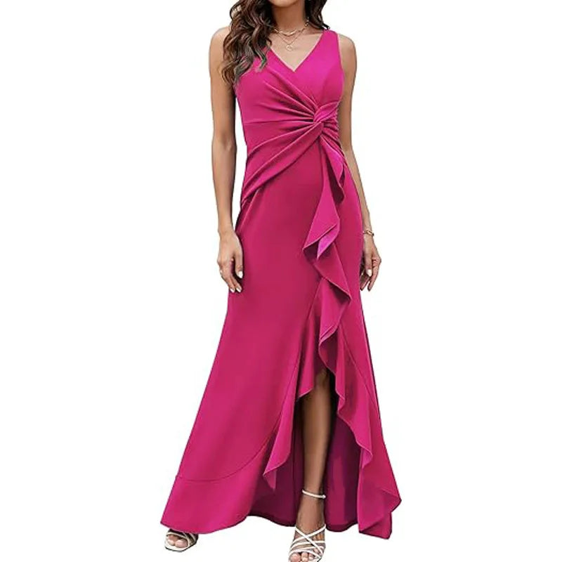 Maxy Elegant V-Neck Party Maxy Dress Women Fashion Sleeveless Ruffle Split Gown Prom Dress Ladies Slim Fit Tie Up Bodycon Gala Dress