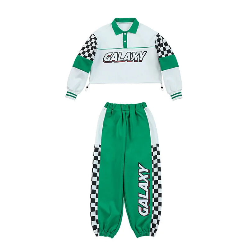 Maxy Kid Hip Hop Clothing White Green Polo Sweatshirt Checkered Casual Jogger Sweat Pants for Girl Boy Clothes Outfits