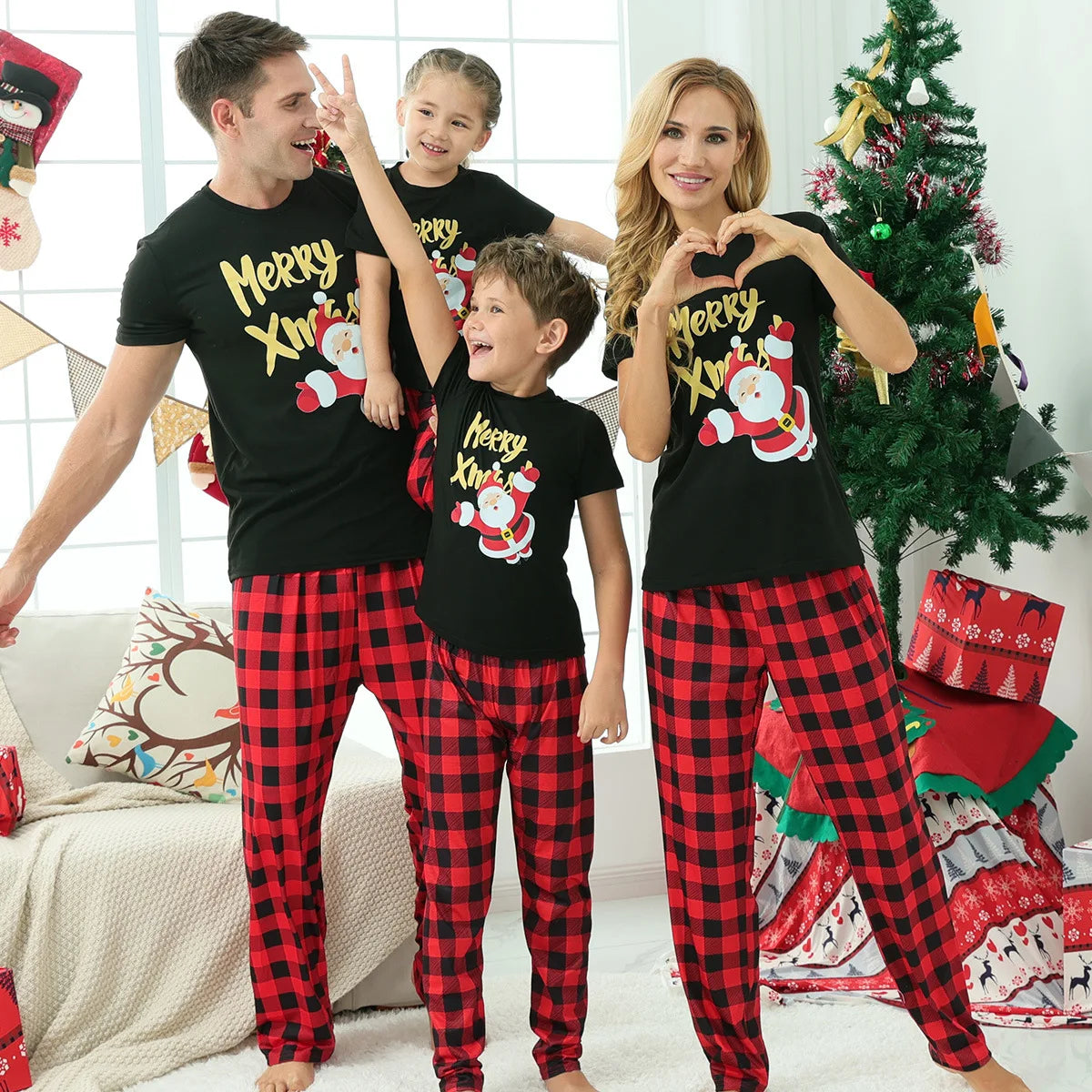 Merry Xmas Print Plaid Family Matching Pajamas Short Sleeve Tops+Long Pants 2 Pieces Suit Christmas Clothing Set Baby&amp